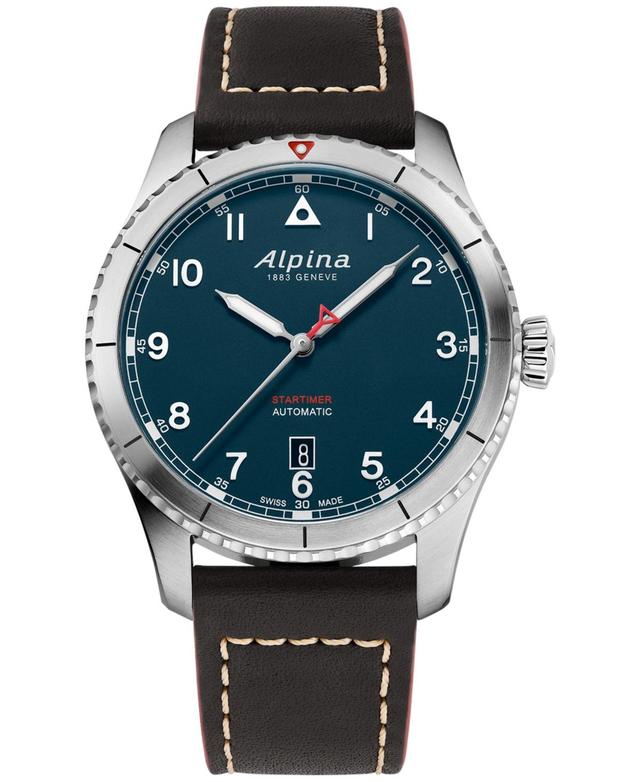 Alpina Mens Swiss Automatic Startimer Black Leather Strap Watch 41mm - Black Product Image