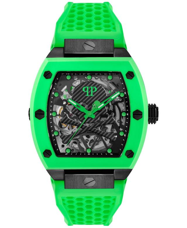 Philipp Plein Mens Automatic The Skeleton Green Silicone Strap Watch 44mm - Black Product Image