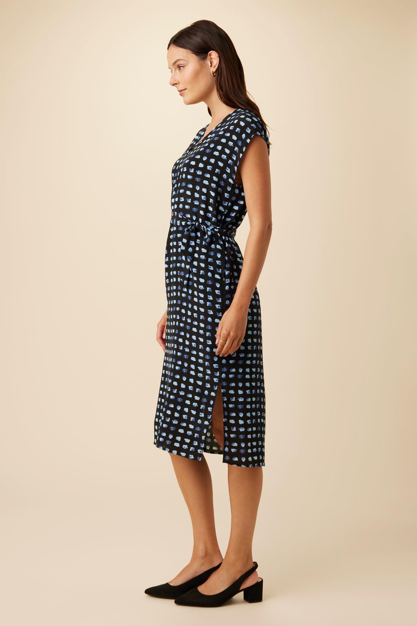 Cindra Washable Silk Midi Dress - Squared Up Black - ReAmour Product Image