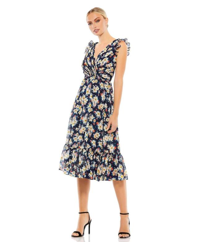 Ieena for Mac Duggal Flowy Floral Print V Neck Cap Sleeve Midi Dress Product Image