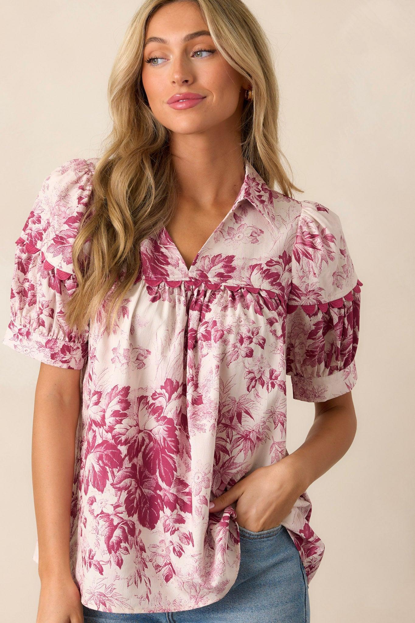 Serene Day Magenta Floral Puff Sleeve Top Product Image