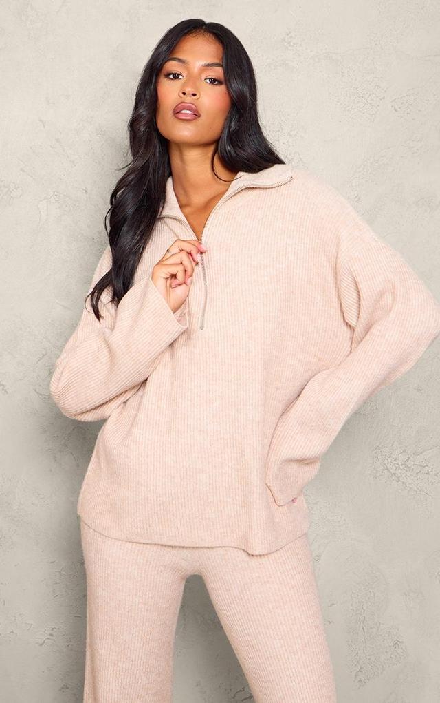 Tall Oatmeal Rib Knit Quarter Zip Long Sleeve Sweater Product Image