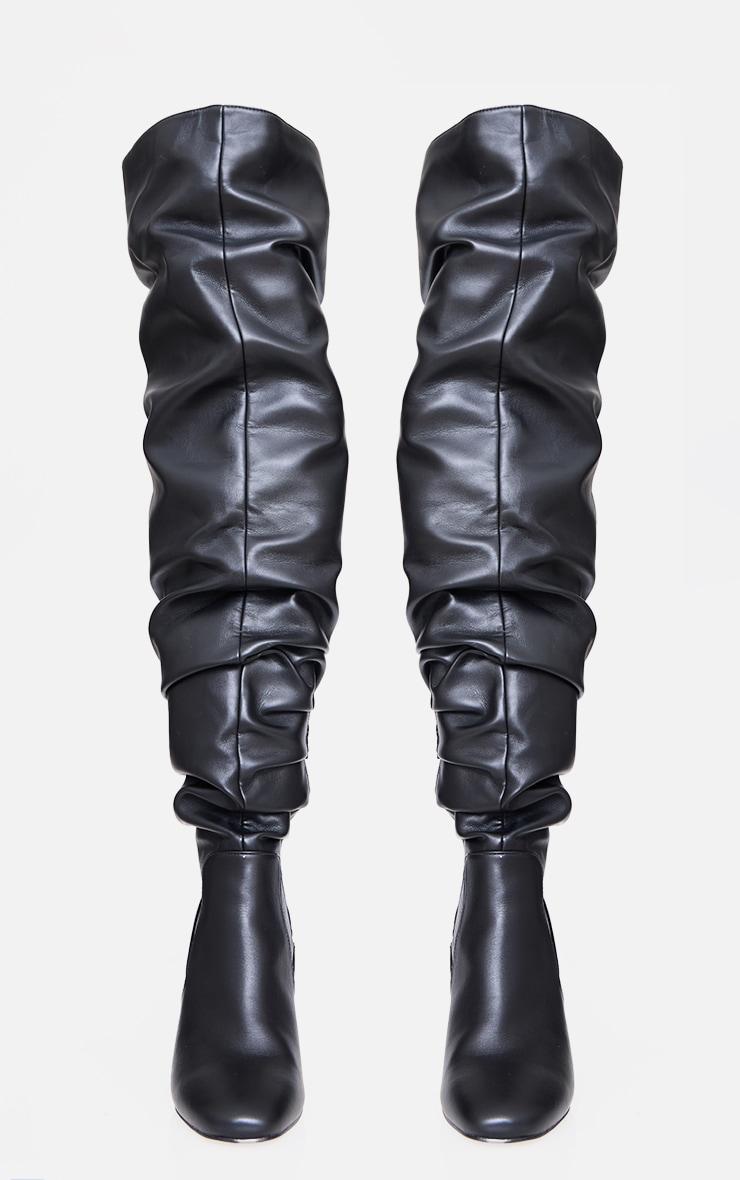 Black Wide Fit Pu Round Toe Ruched Over The Knee Block Heeled Boots Product Image