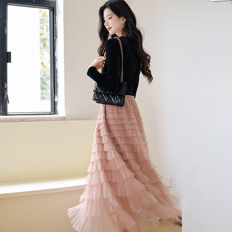 Long-Sleeve V-Neck Plain Button-Up Velvet Crop Blouse / High Waist Tiered Mesh Maxi A-Line Skirt / Set Product Image