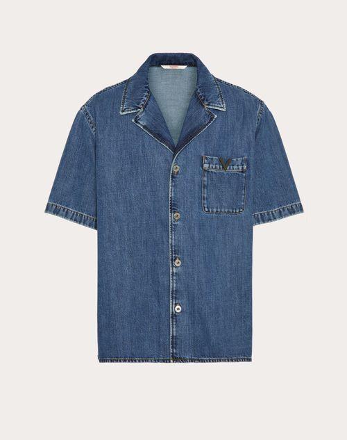 DENIM BOWLING SHIRT WITH METALLIC V DETAIL Product Image