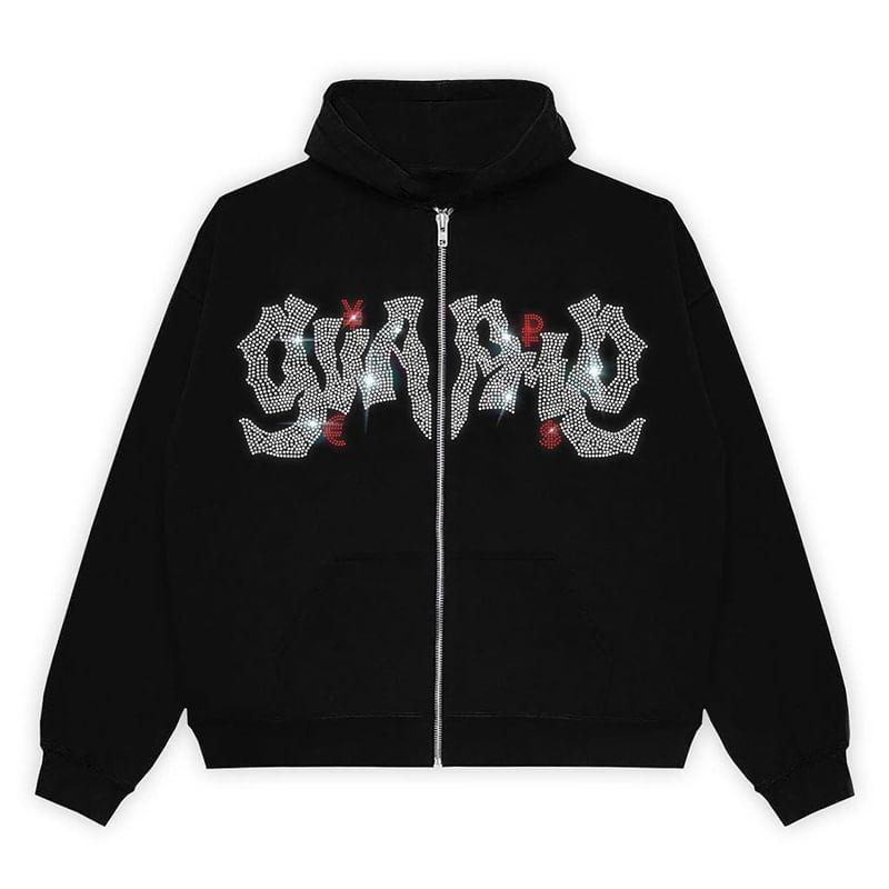 Rhinestone Zip-Up Hoodie Product Image