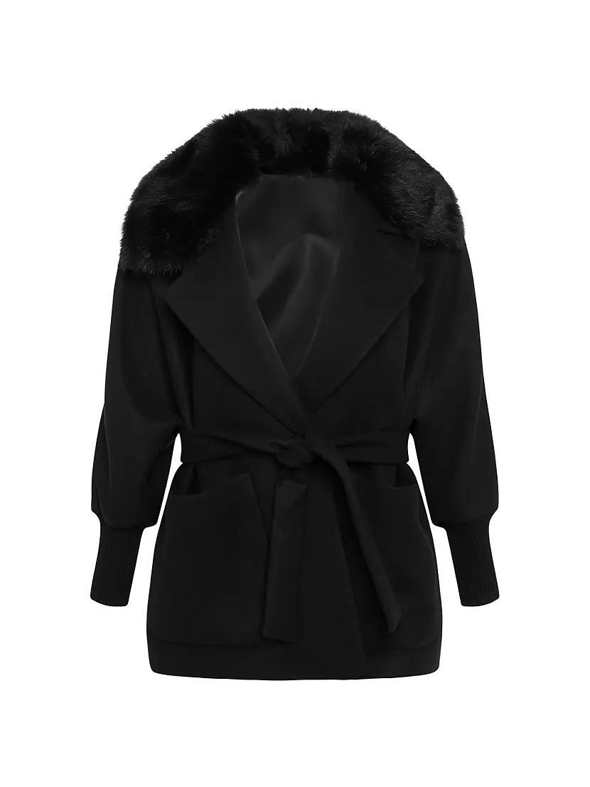 Womens Belted Jacket With Shearling Lamb Collar Product Image