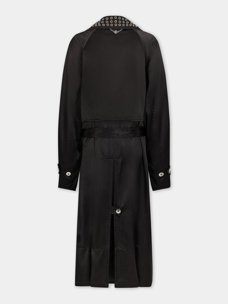 BLACK LONG TRENCH COAT IN SATIN Product Image