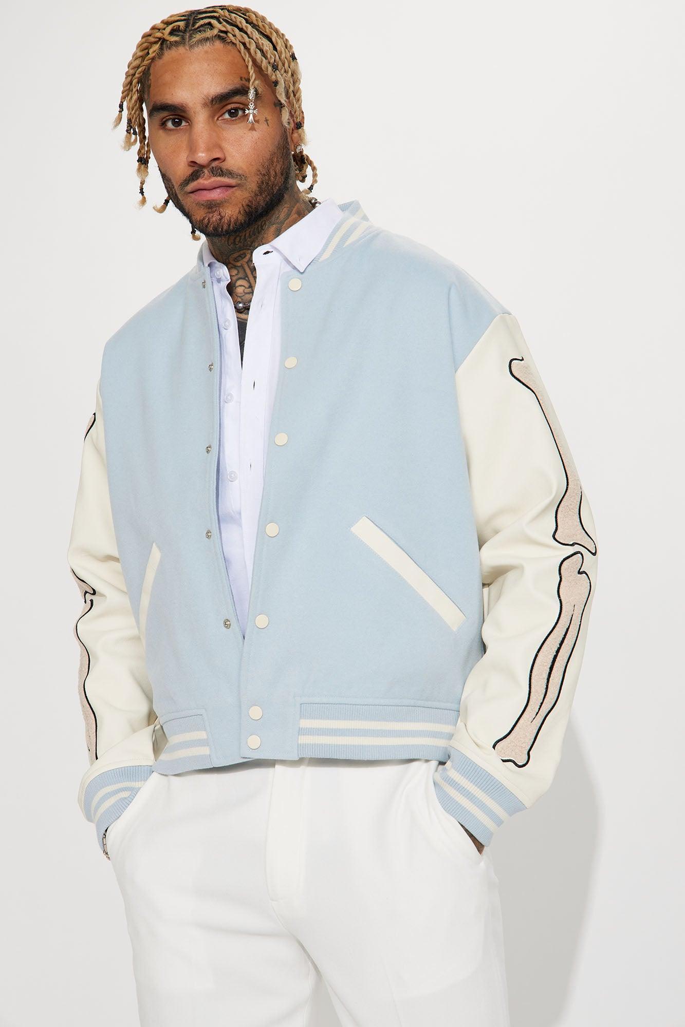 Bone Applique Varsity Bomber Jacket - Light Blue Product Image