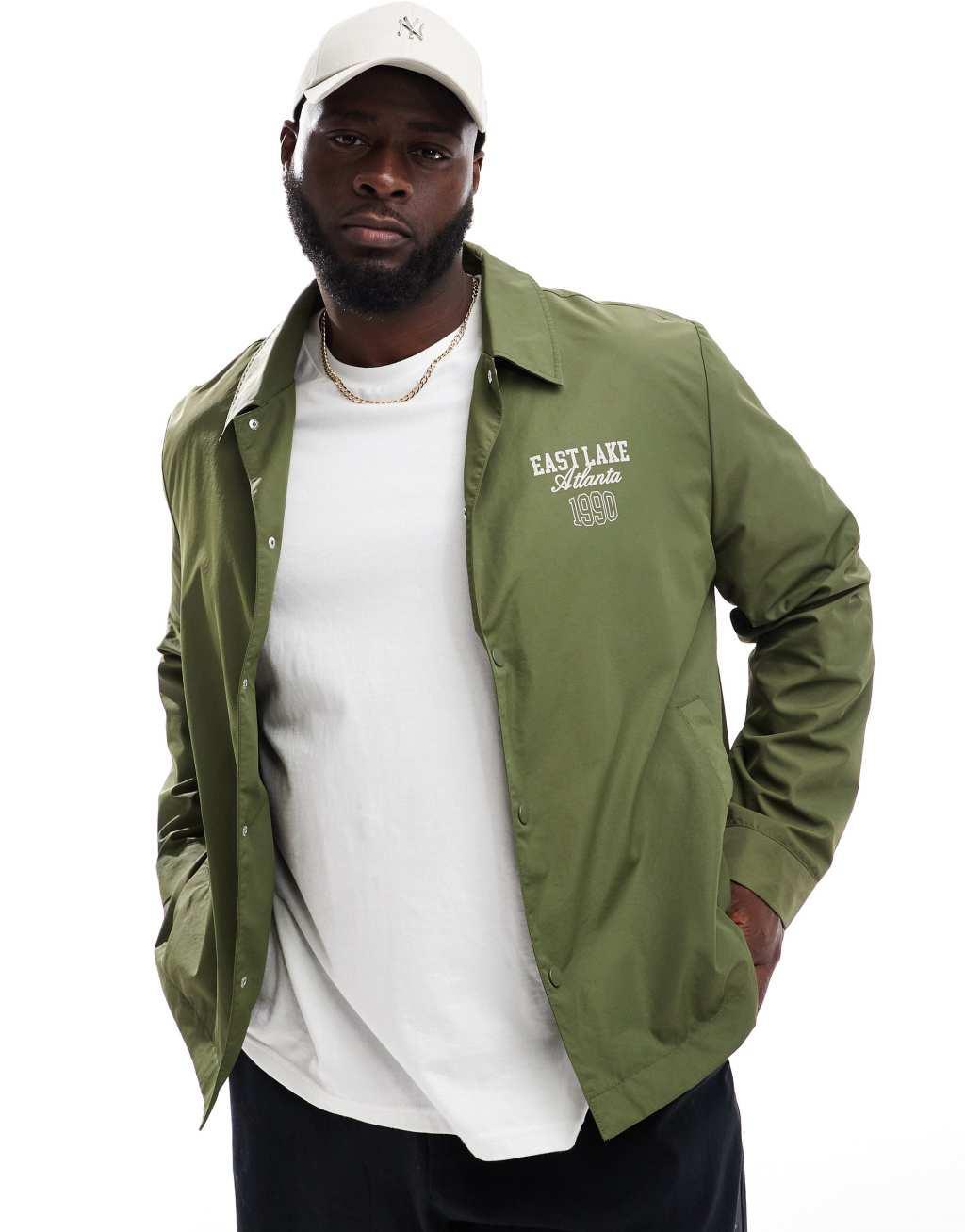 ASOS DESIGN lightweight harrington jacket with back print in green Product Image