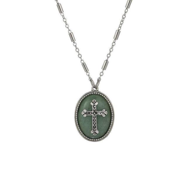 Symbols of Faith Silver Tone Stone With Pewter Cross Necklace, Womens, Green Product Image