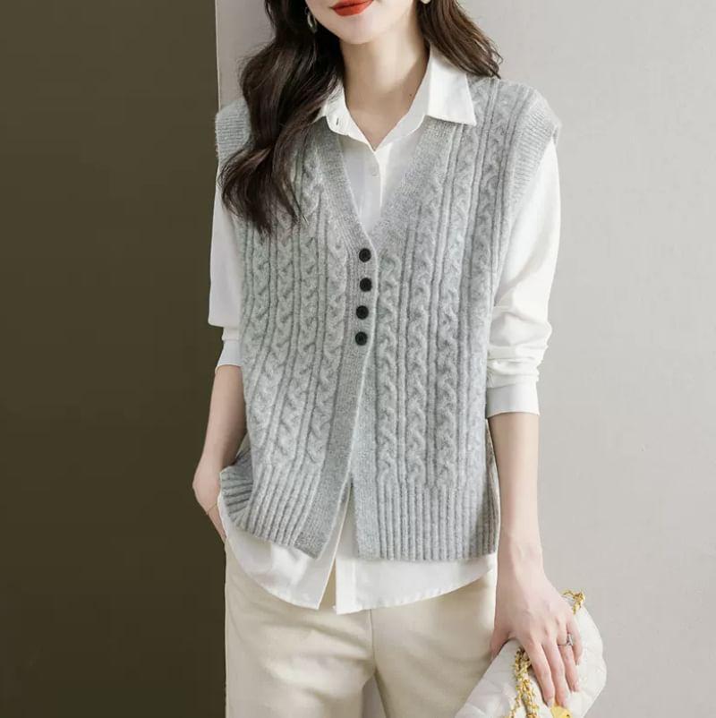 V-Neck Plain Cable Knit Button-Up Sweater Vest Product Image