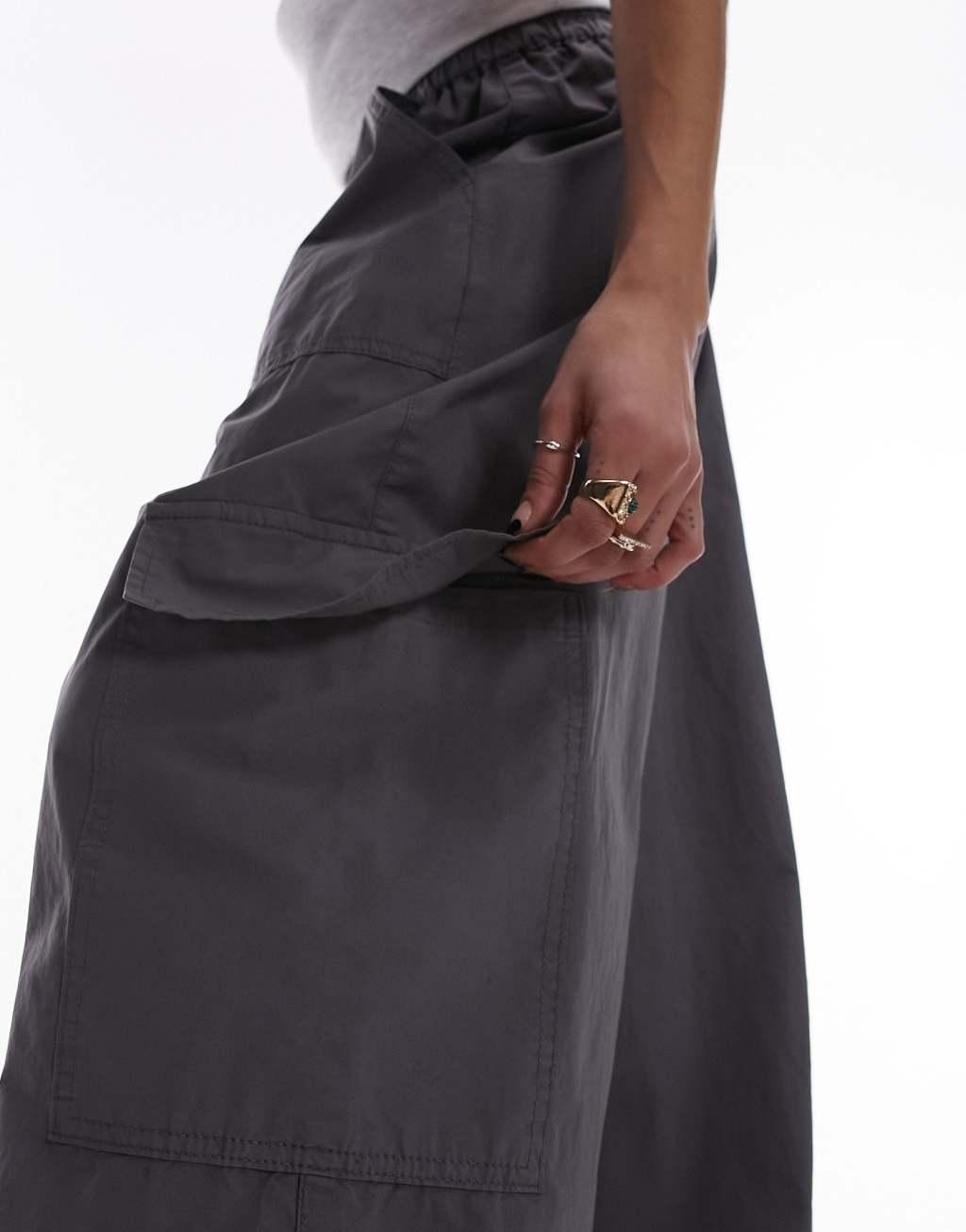 Topshop pull on wide leg pants with cargo pockets in charcoal Product Image