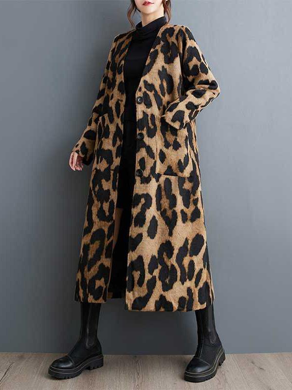 Long Sleeves Loose Buttoned Leopard Pockets Split-Joint V-Neck Outerwear Trench Coats Product Image