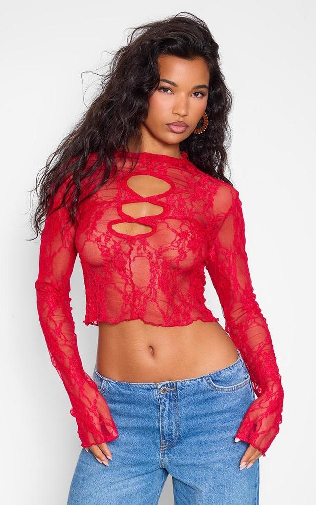 Red Lace Cut Out Long Sleeve Crop Top Product Image