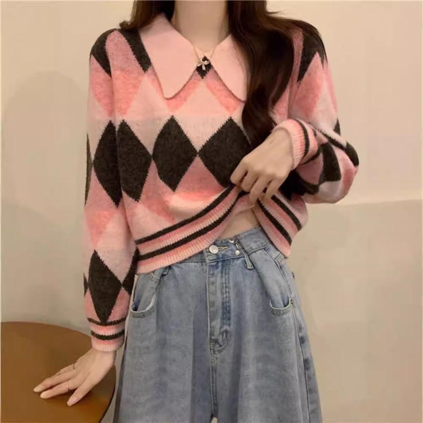 Long-Sleeve Argyle Print Polo-Neck Sweater product image