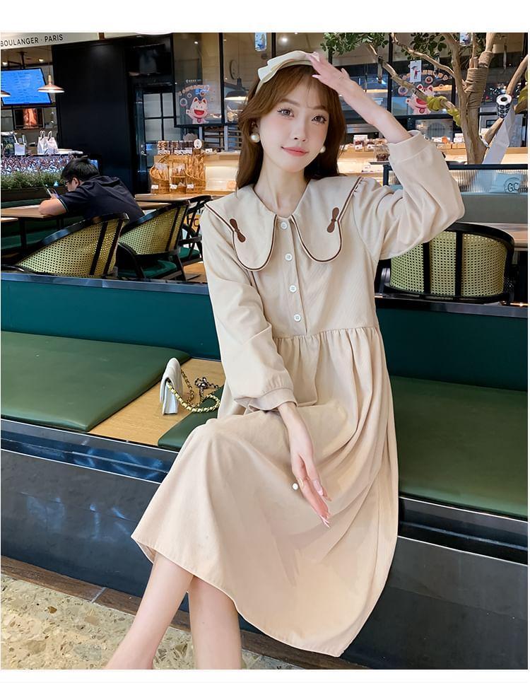 Maternity Long-Sleeve Collar Bow Embroidered Midi Smock Dress Product Image