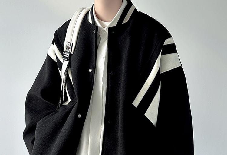 Two Tone Color Block Button-Up Baseball Jacket Product Image