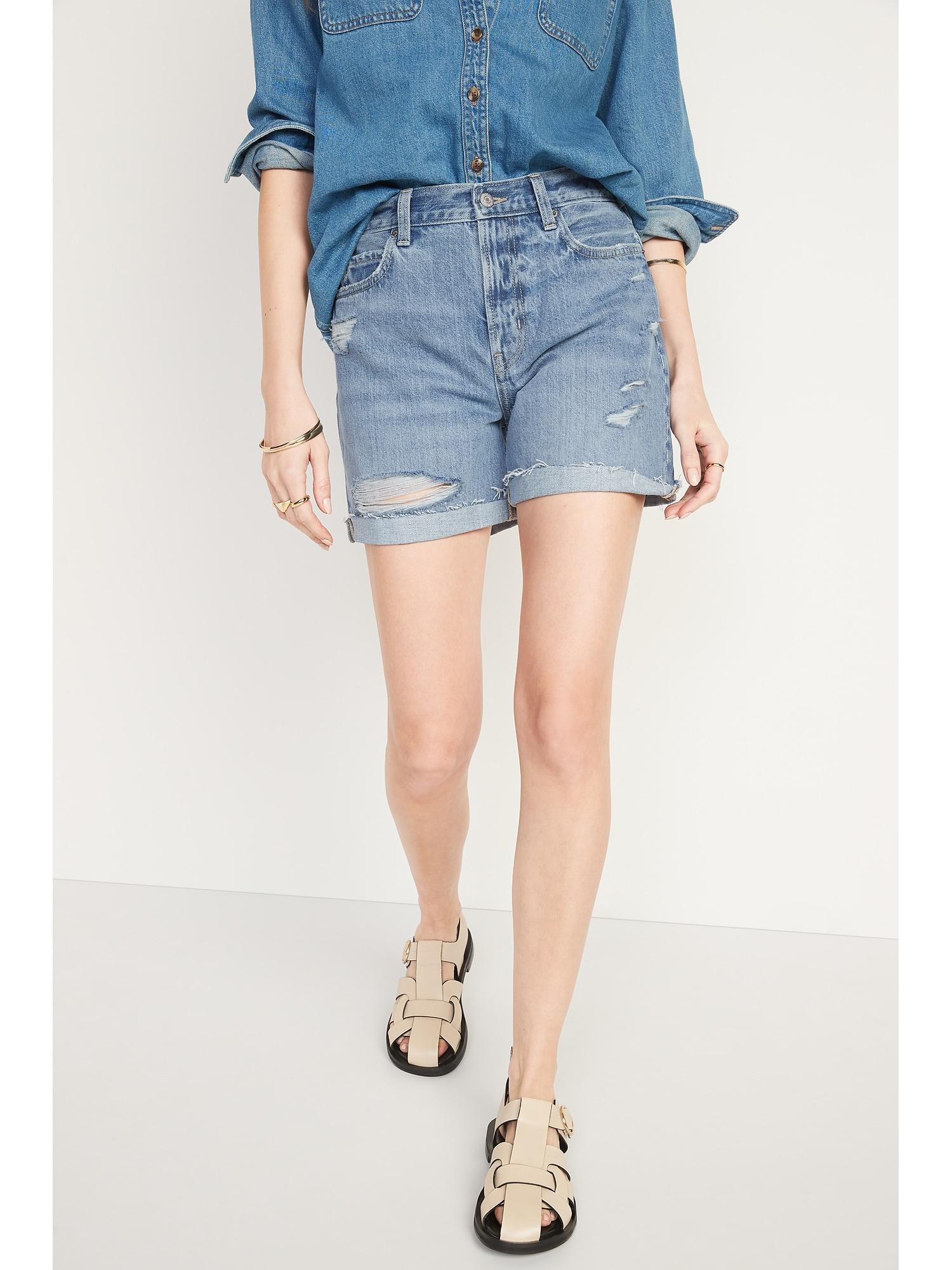 High-Waisted Slouchy Straight Non-Stretch Distressed Jean Shorts -- 5-inch inseam Product Image