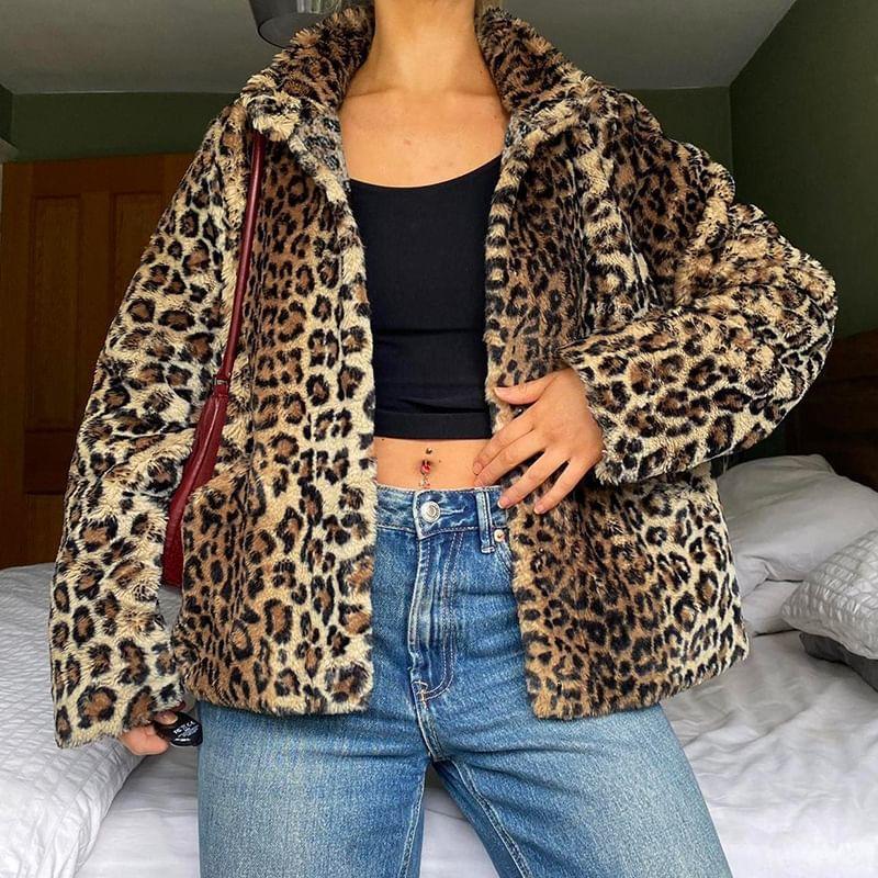 Stand Collar Leopard Print Fluffy Button-Up Jacket Product Image