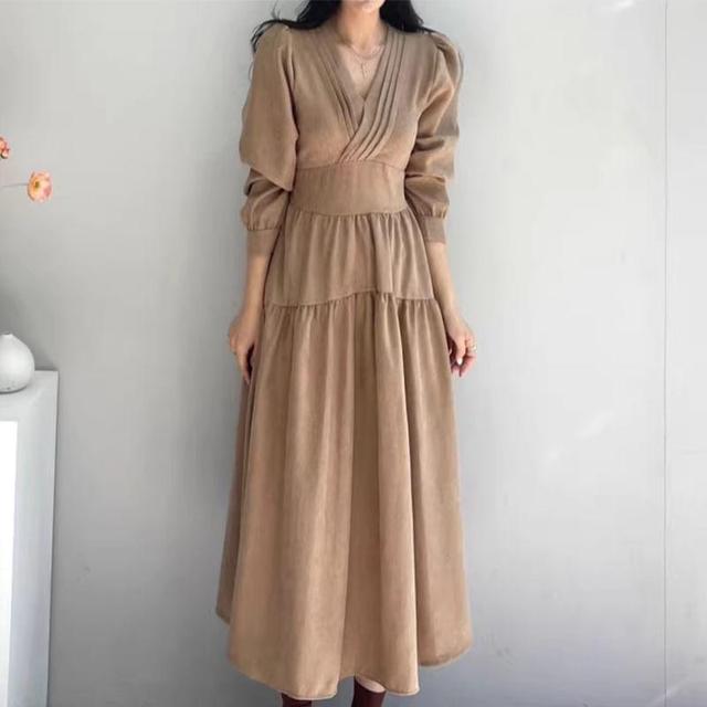 Long Sleeve V-Neck Plain Pintuck Panel Midi A-Line Dress Product Image