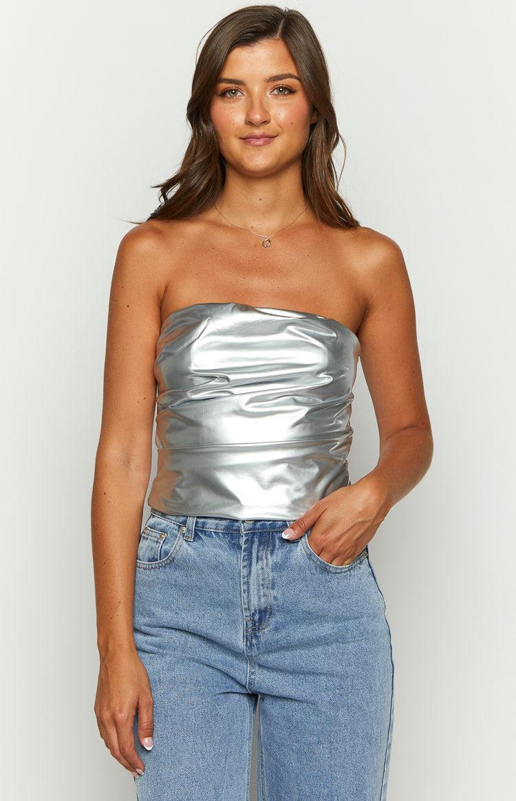 Never There Silver Metallic Strapless Top Product Image