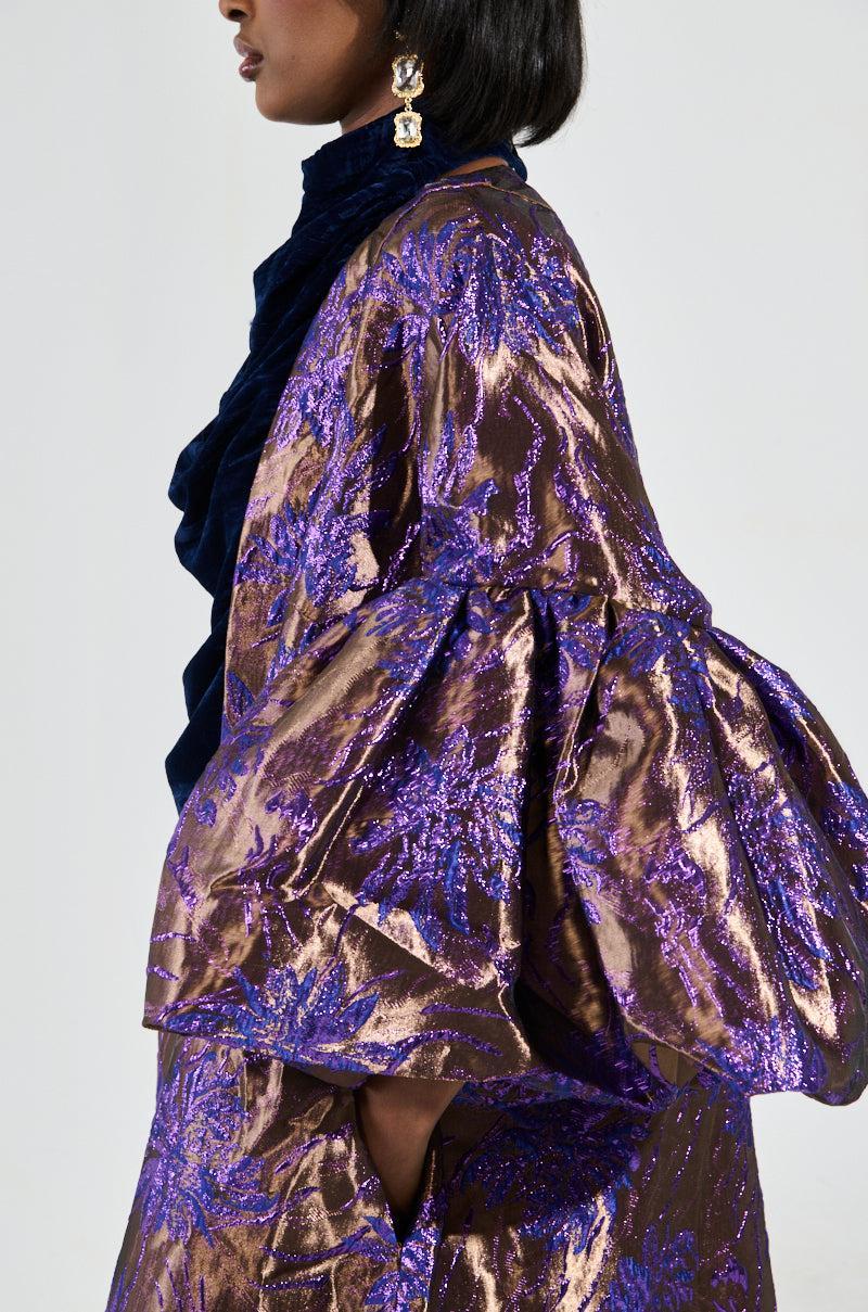 MALDIVES BROCADE PUFF SLEEVE DUSTER IN PURPLE Product Image