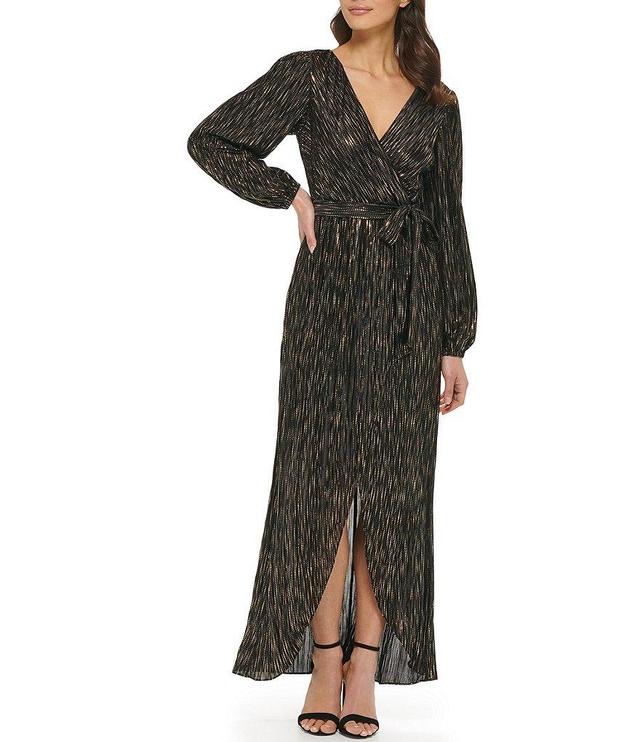 Guess Metallic Knit Surplice V-Neck Long Sleeve Asymmetrical Hem Wrap Gown Product Image