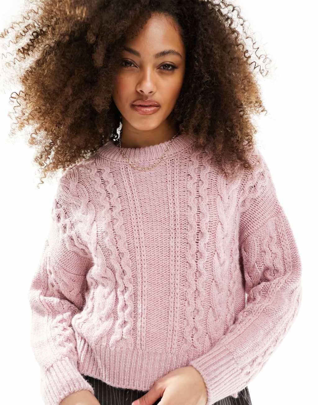 ASOS DESIGN crew neck cable sweater in pink Product Image