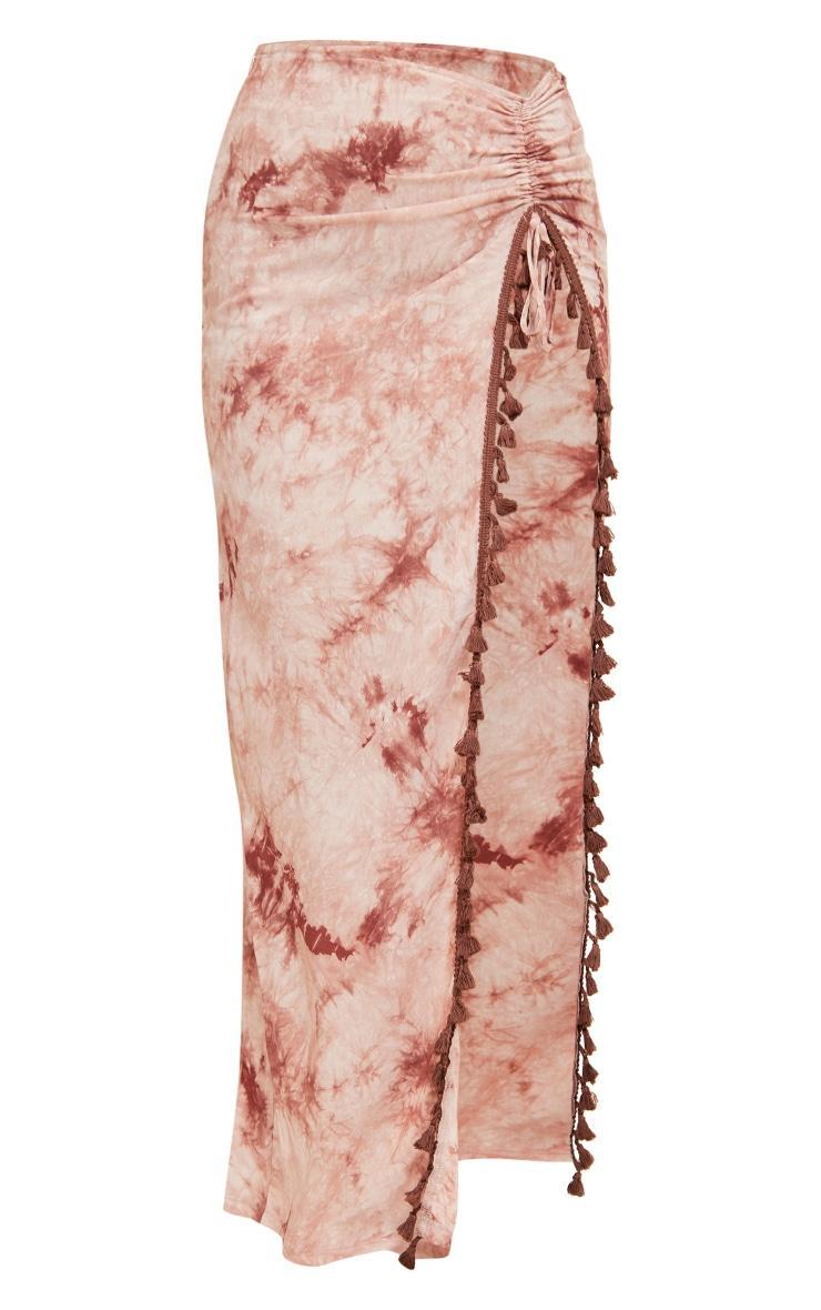 Rust Tie Dye Printed Knot Detail Tassel Hem Maxi Skirt Product Image