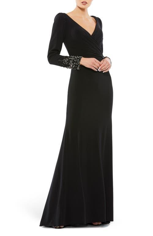 Mac Duggal Beaded Cuff Long Sleeve Wrap Front Gown Product Image