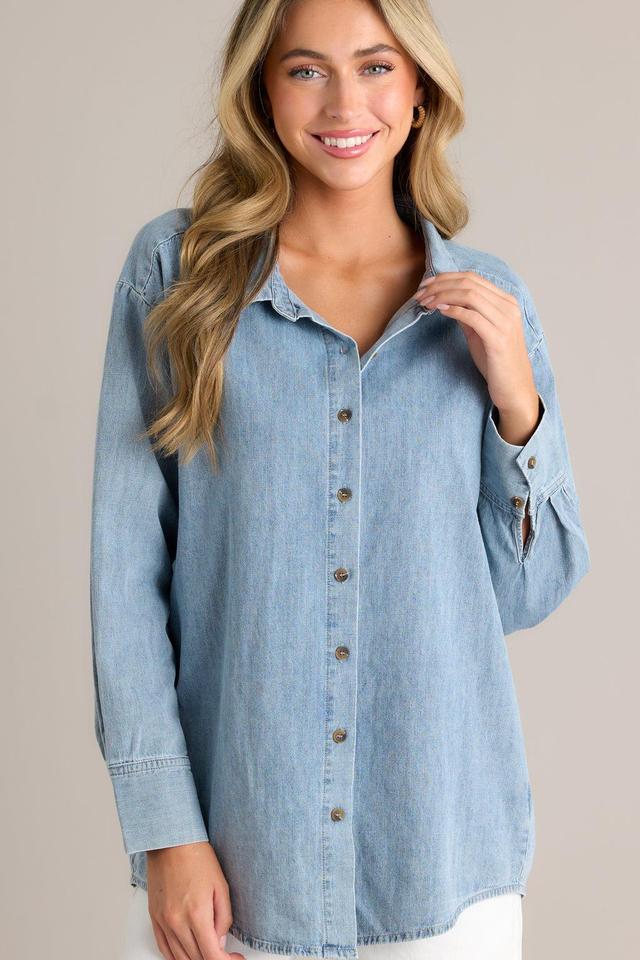 In Plain Sight 100% Cotton Light Chambray Button Front Top Product Image