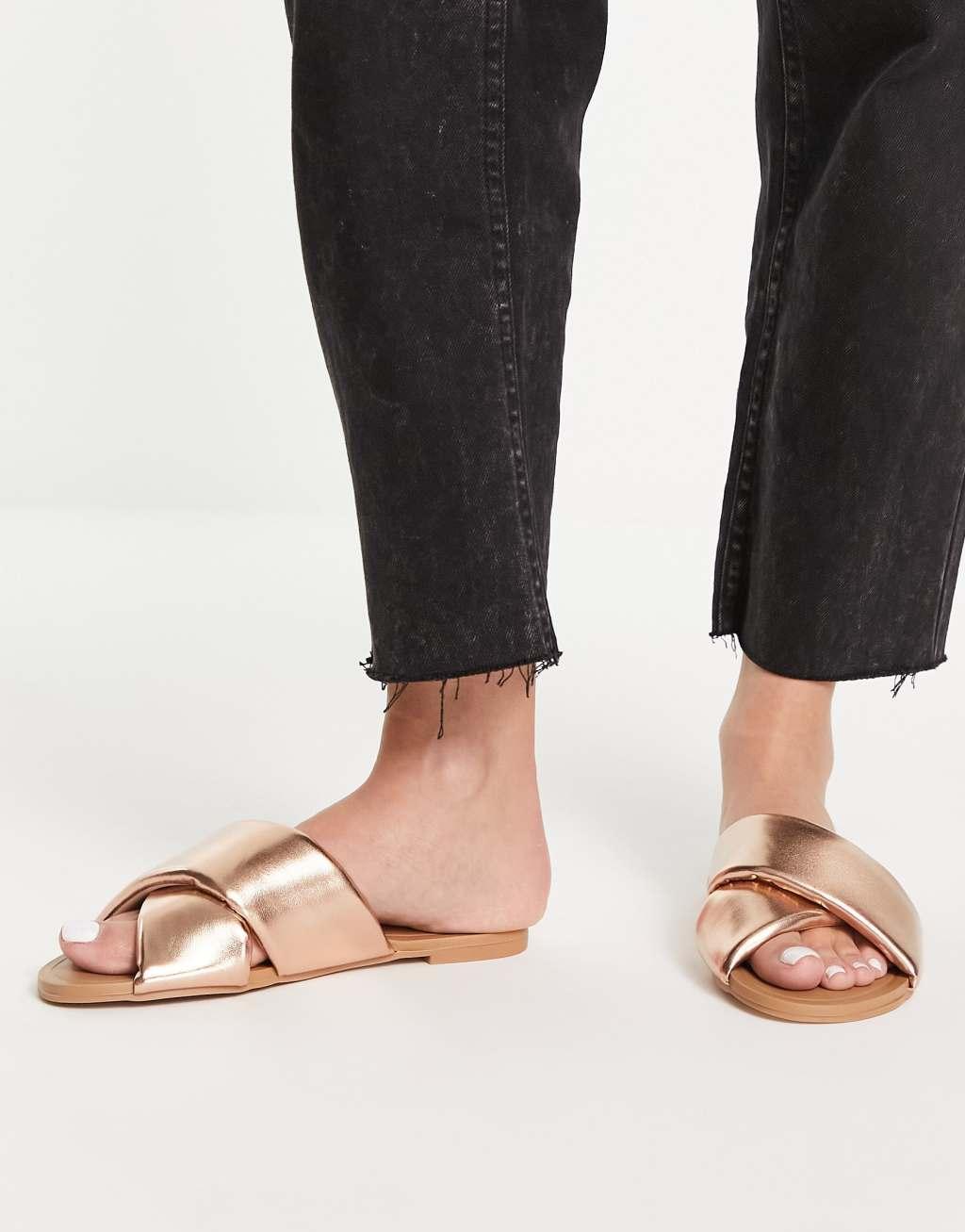 ASOS DESIGN Wide Fit Flock padded flat sandals in rose gold - ROSEGOLD Product Image