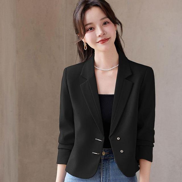 Lapel Neck Plain Cropped Button Blazer Product Image