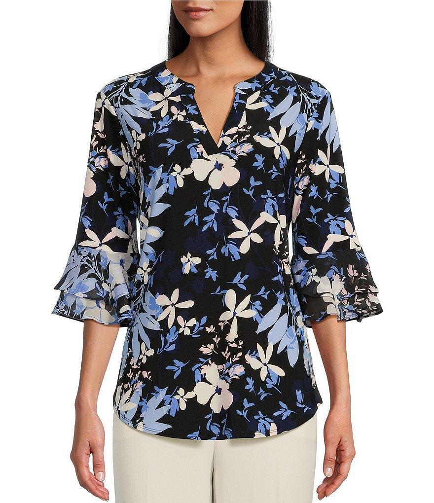 Kasper Crepe Floral Print Split V-Neck 3/4 Sleeve Blouse Product Image