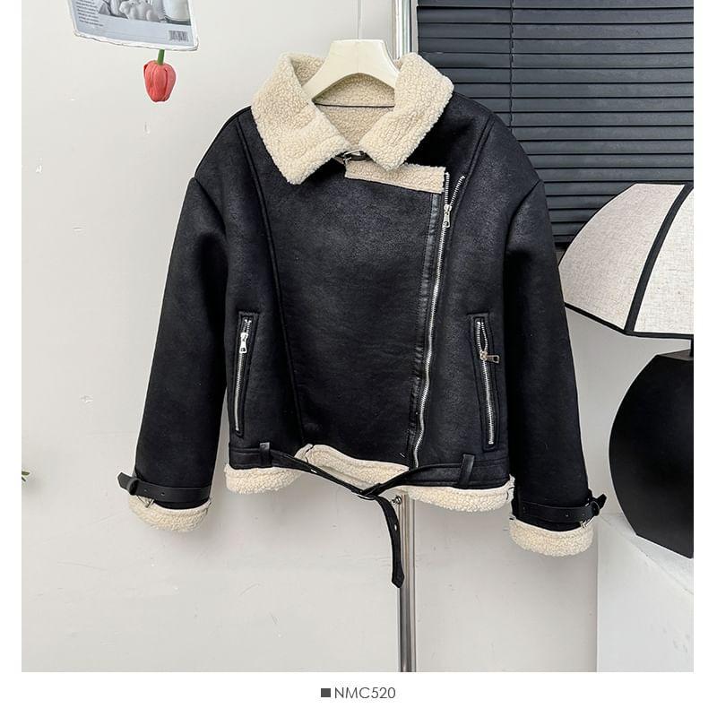 Fleece-Lined Faux-Suede Biker Jacket Product Image