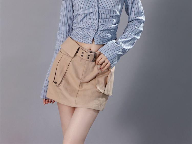 Long Sleeve Off-Shoulder Striped Slim-Fit Crop Top / High Waist Pocket Mini A-Line Skirt Product Image