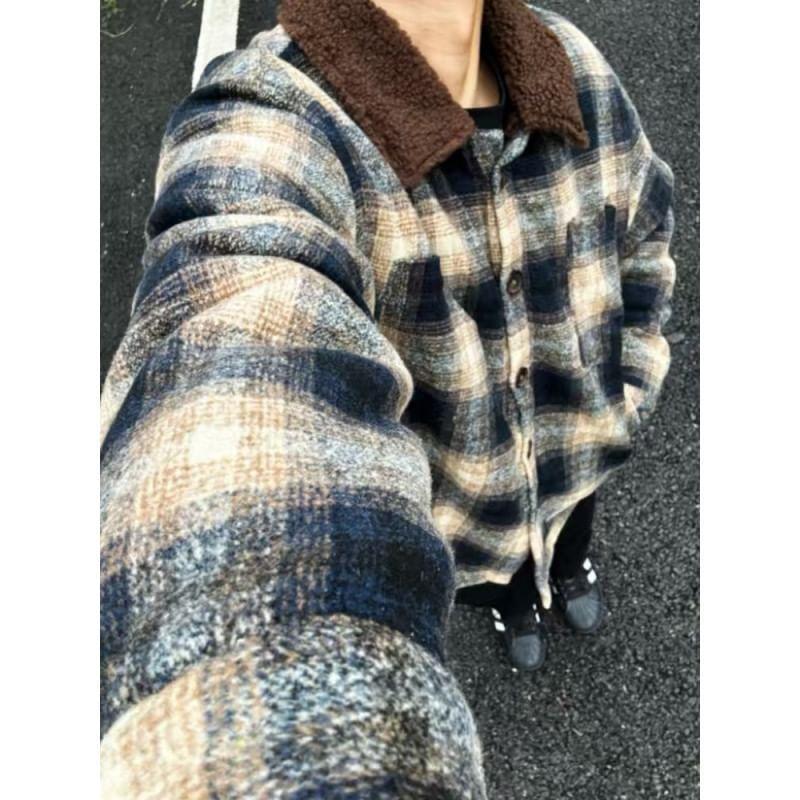 Contrast Collar Plaid Fleece-Lined Button-Up Jacket Product Image