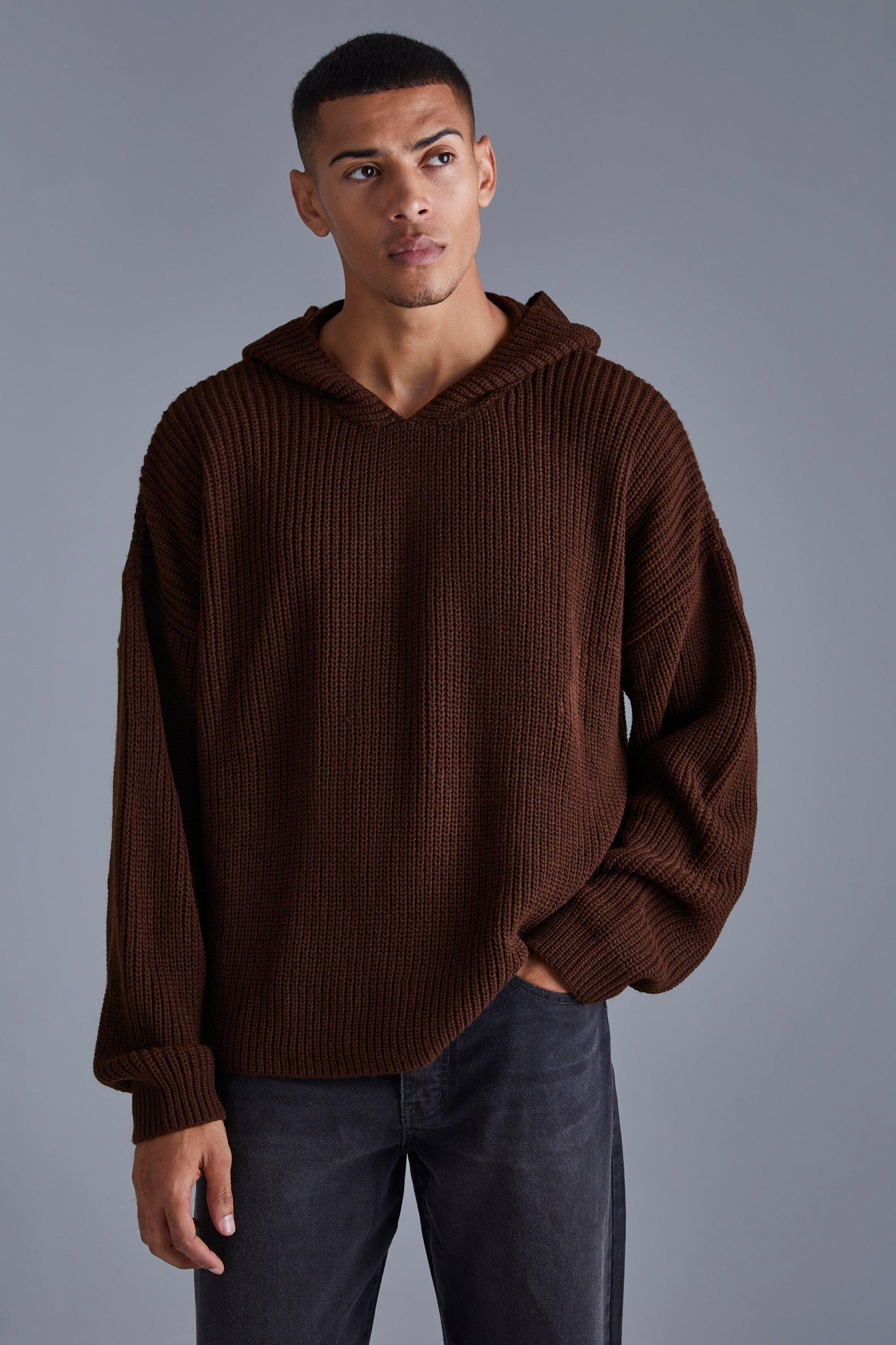 Boxy Knitted Ribbed Hoodie | boohooMAN USA Product Image