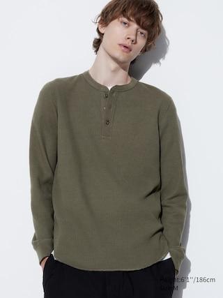 Mens Waffle Henley Neck T-Shirt Long-Sleeve Dark Green XL UNIQLO US Product Image