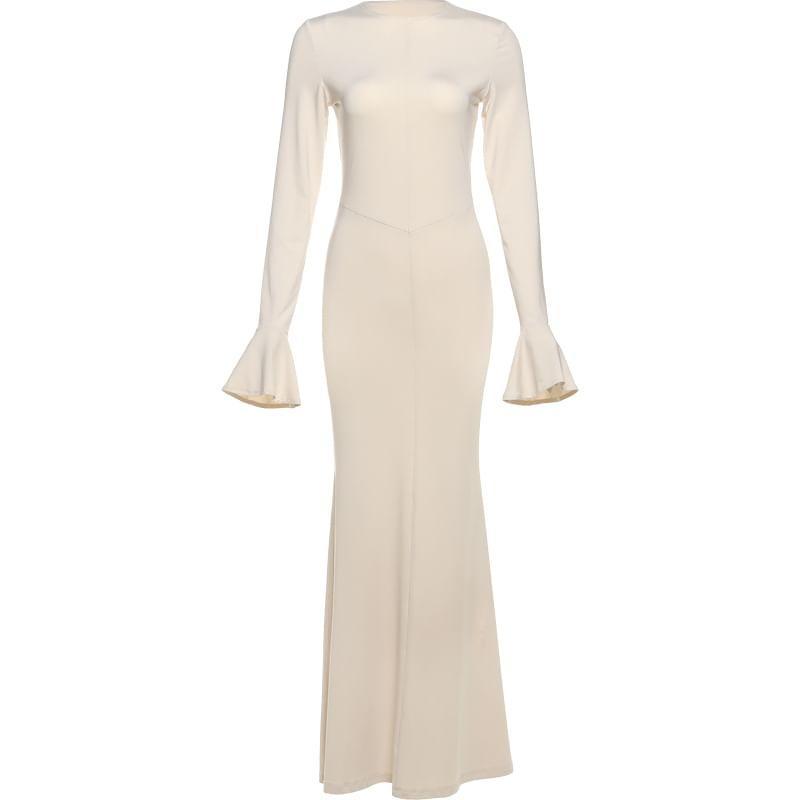 Flared-Sleeve Crew Neck Plain Maxi Sheath Dress product image