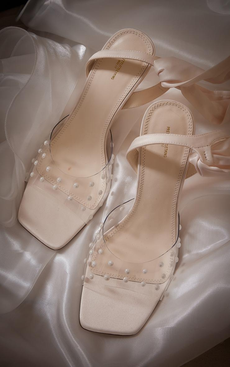 Cream Wide Fit Square Toe Perspex Pearl Lace Up Ribbon High Heeled Sandals Product Image