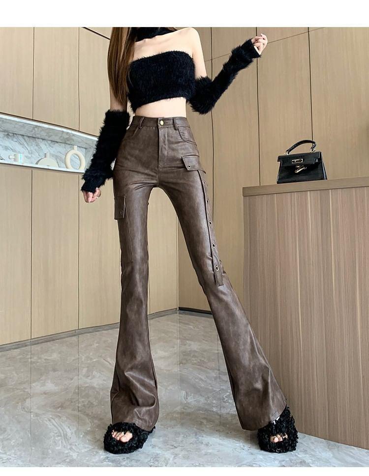 High Rise Faux Leather Flared Pants Product Image