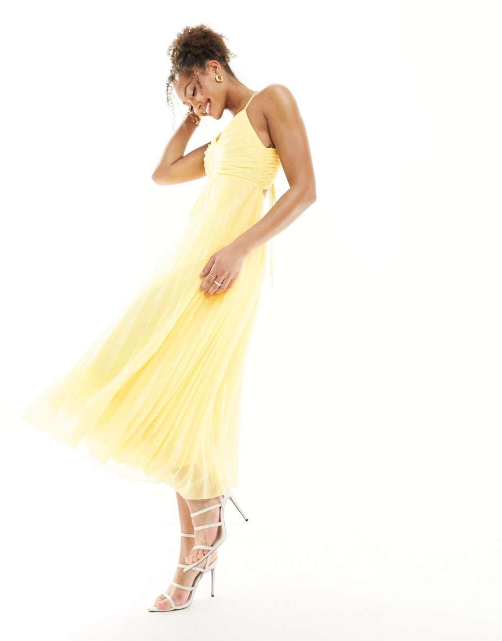 ASOS DESIGN pleated bodice strappy pleat midi dress with tie back detail in lemon Product Image