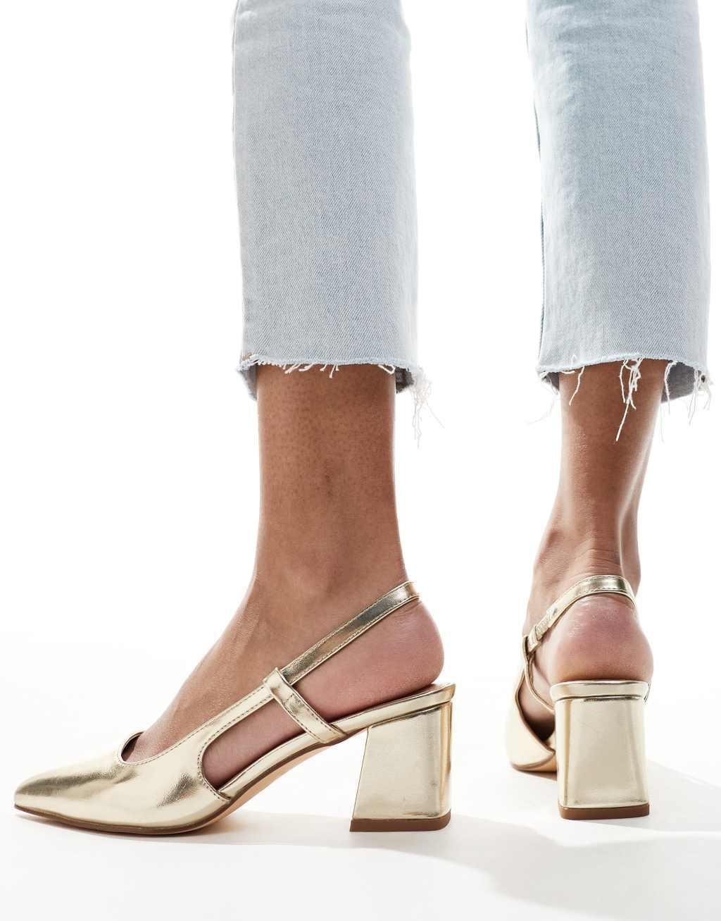 SEQWL pointed slingback block heel shoes in gold Product Image