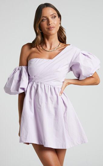 Sula Mini Dress - Asymmetric Off One Shoulder Puff Sleeve Dress in Lilac Product Image