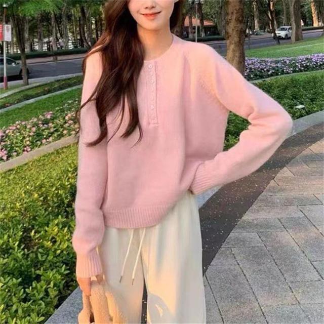 Crew Neck Henley Plain Oversized Sweater Product Image