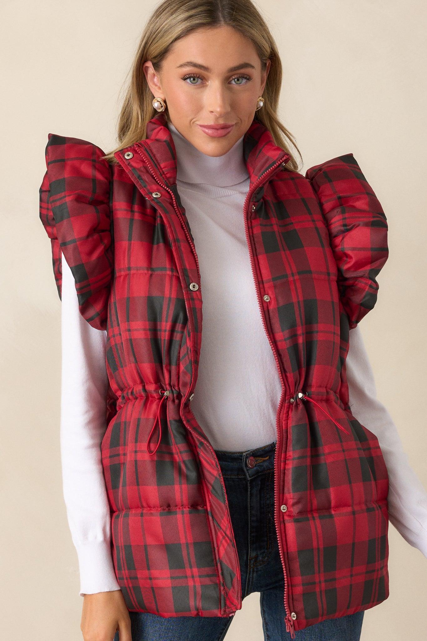 I Found You Red Plaid Flutter Sleeve Puffer Vest Product Image