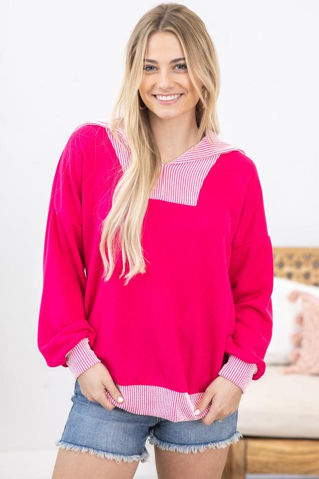 Hot Pink Long Sleeve Rib Detail Knit Top Product Image