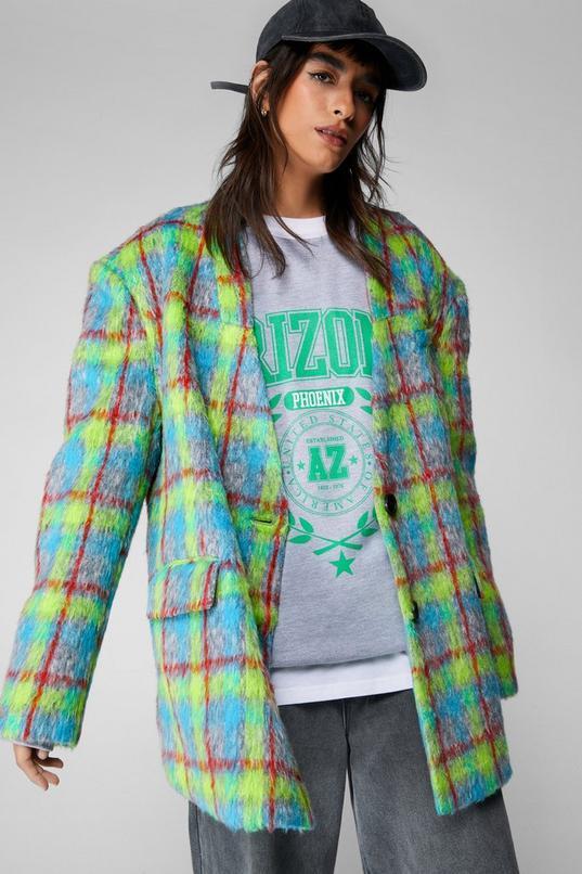 Premium Neon Plaid Tailored Blazer Coat Product Image